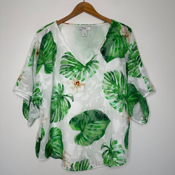 WHBM Flowy Blouse Size L White Green Tropical Palm V-Neck Vacation Beach - Picture 1 of 9